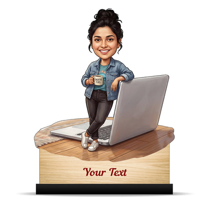 Personalized Laptop with Coffee Female Caricature C1026
