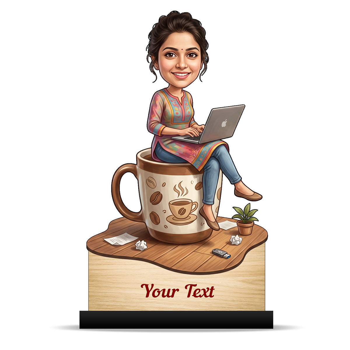Personalized Laptop with Coffee Female Caricature C1016