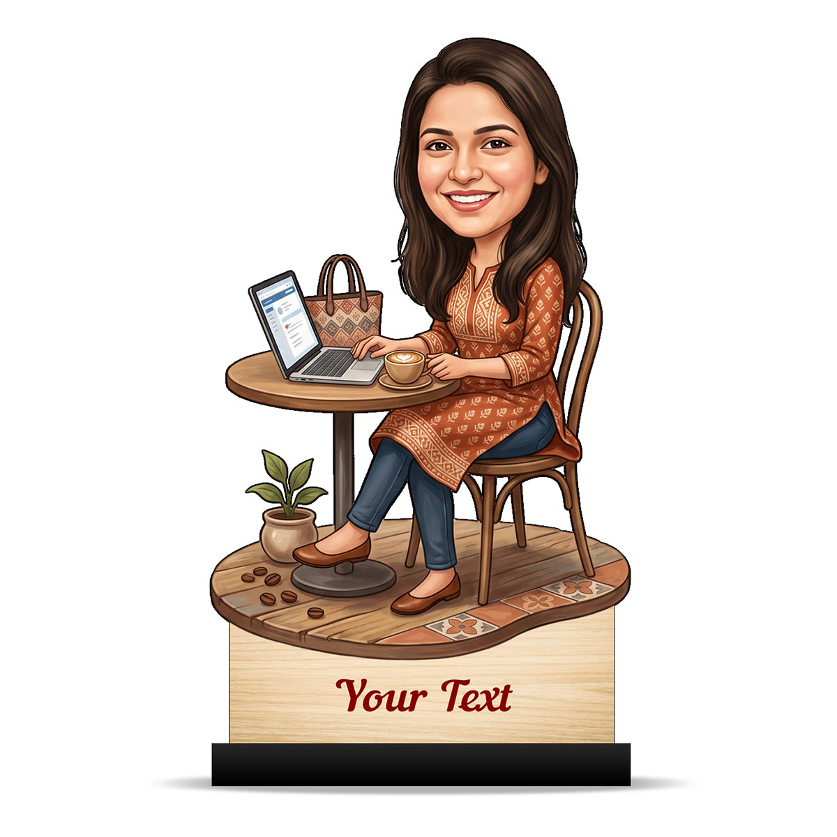Personalized Laptop with Coffee Female Caricature C1006