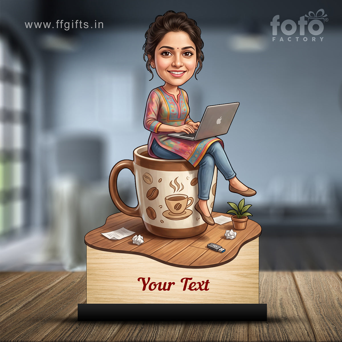 Personalized Laptop with Coffee Female Caricature C1016