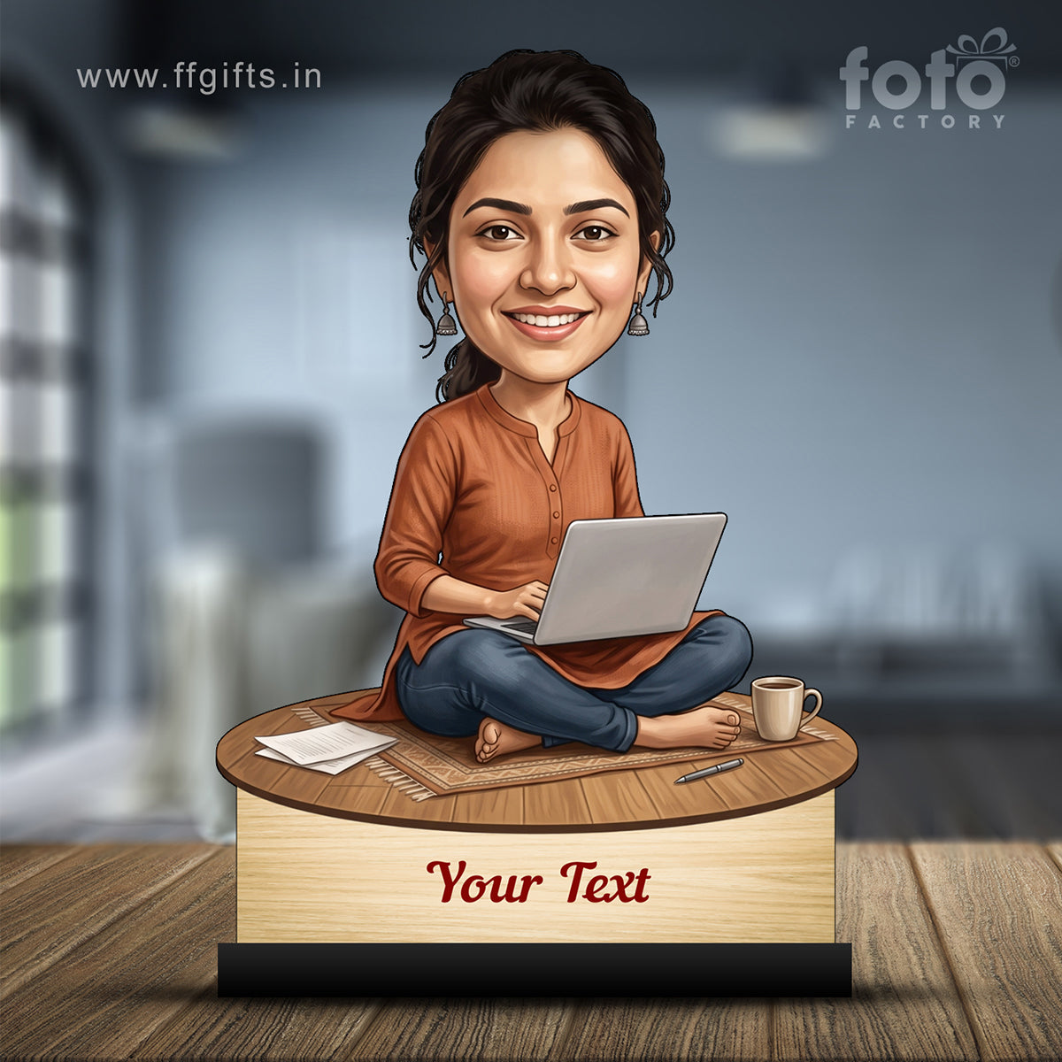 Personalized Laptop with Coffee Female Caricature C1029