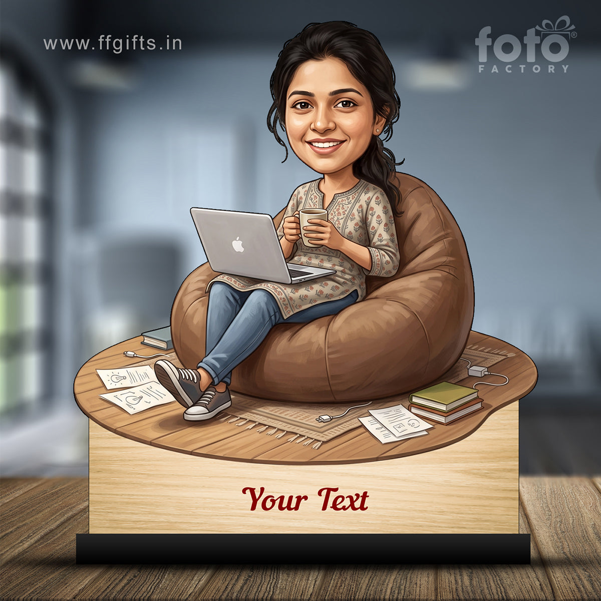 Personalized Laptop with Coffee Female Caricature C1021