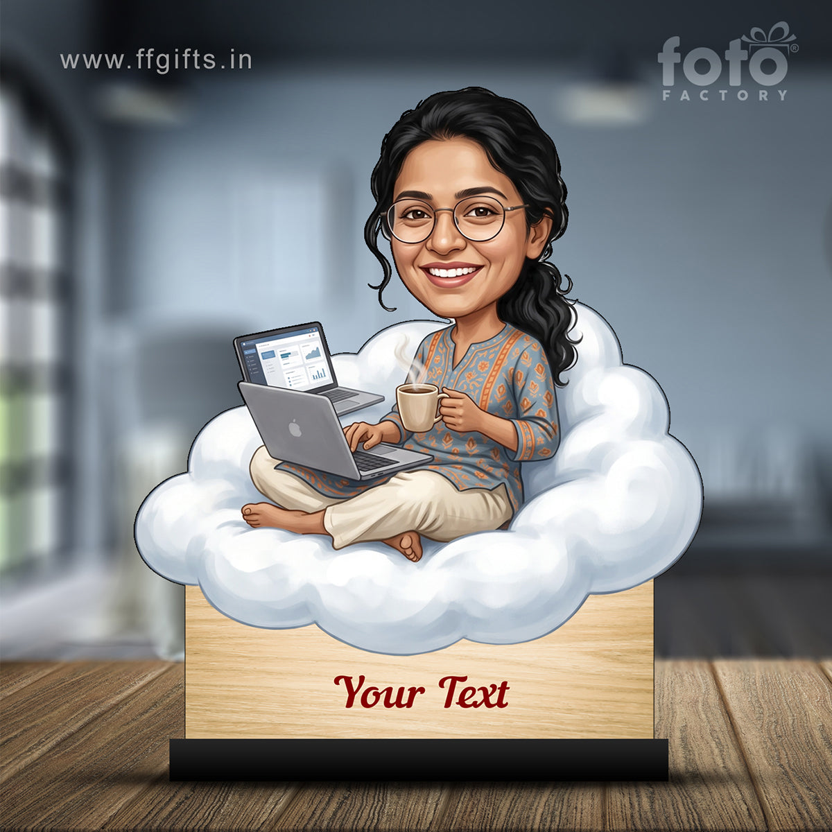 Personalized Laptop with Coffee Female Caricature C1025