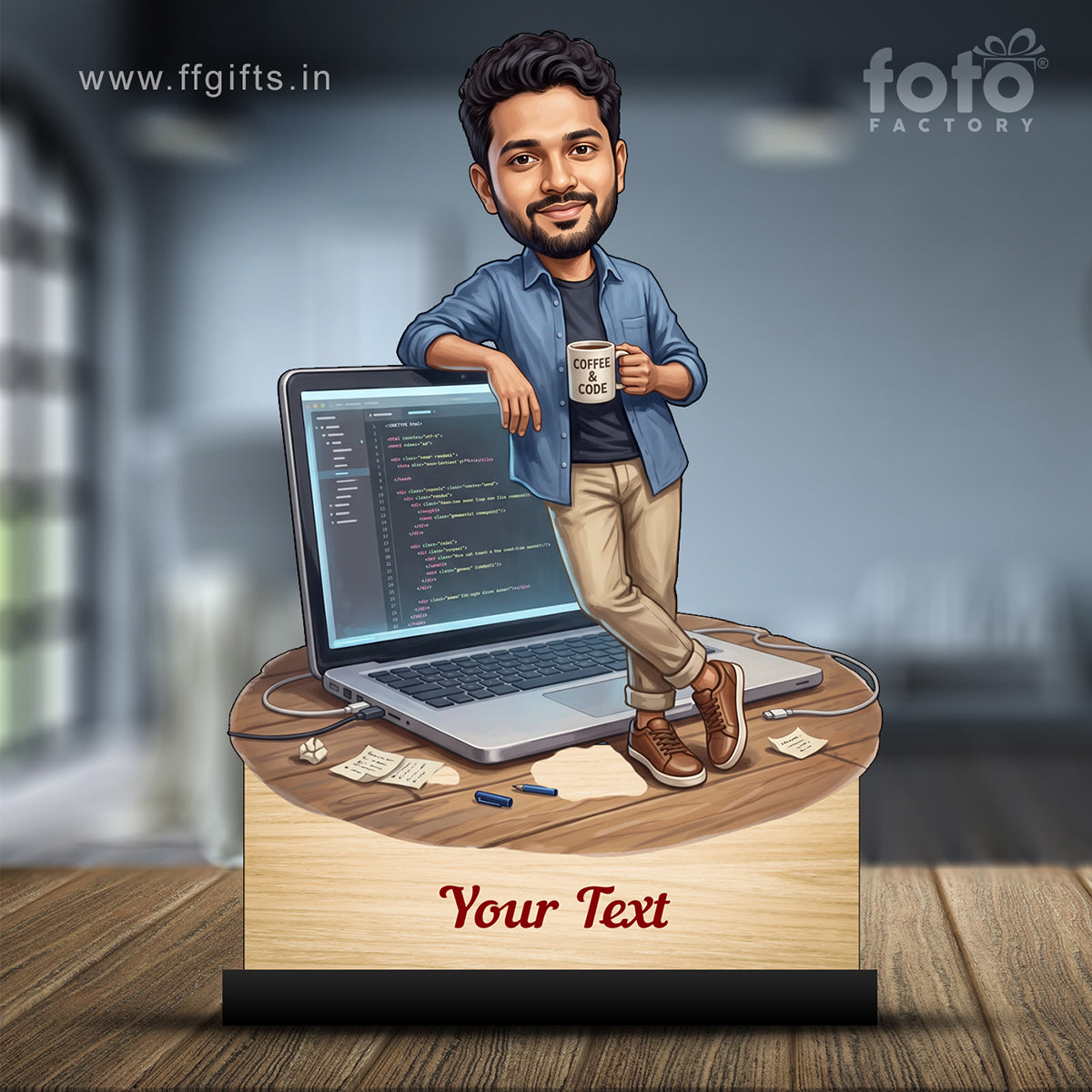 Personalized Laptop with Coffee Male Caricature C1024