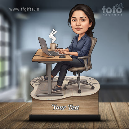 Personalized Laptop with Coffee Female Caricature C1005