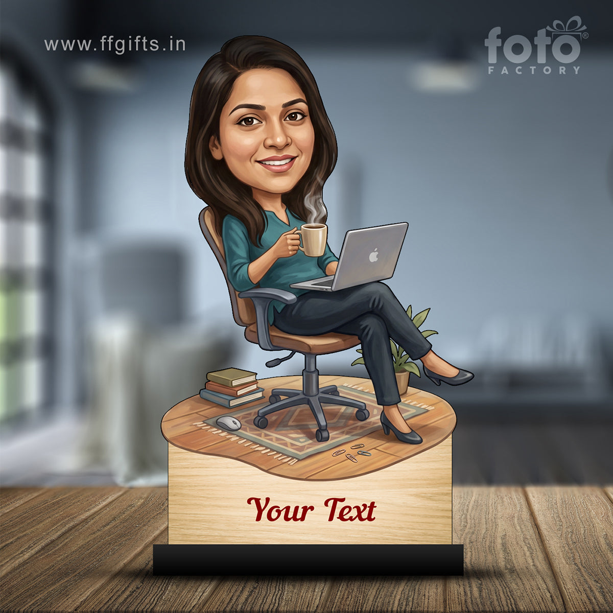 Personalized Laptop with Coffee Female Caricature C1020