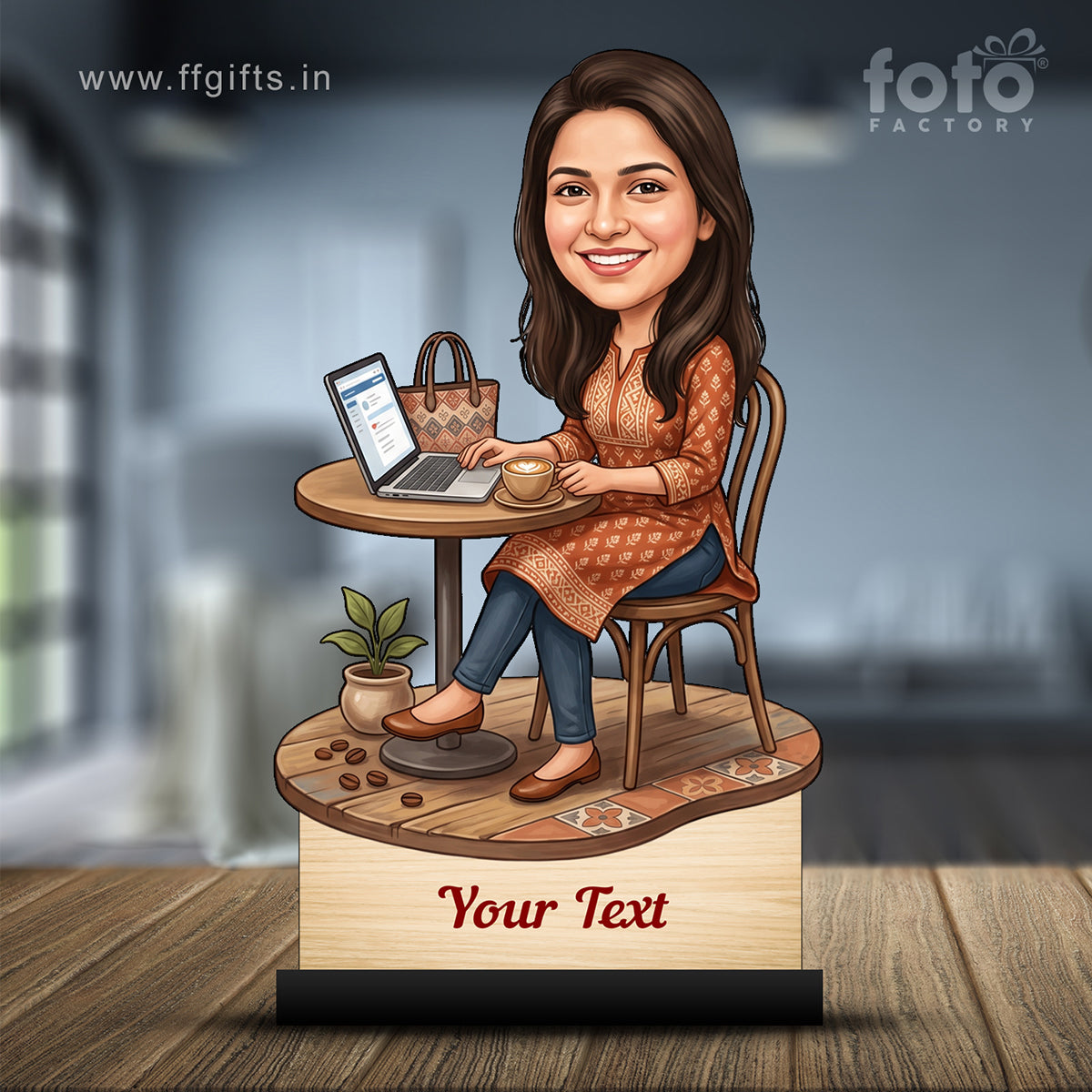 Personalized Laptop with Coffee Female Caricature C1006