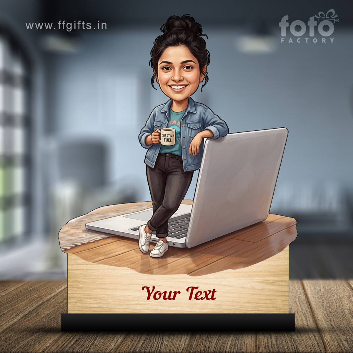 Personalized Laptop with Coffee Female Caricature C1026