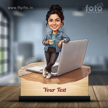 Personalized Laptop with Coffee Female Caricature C1026