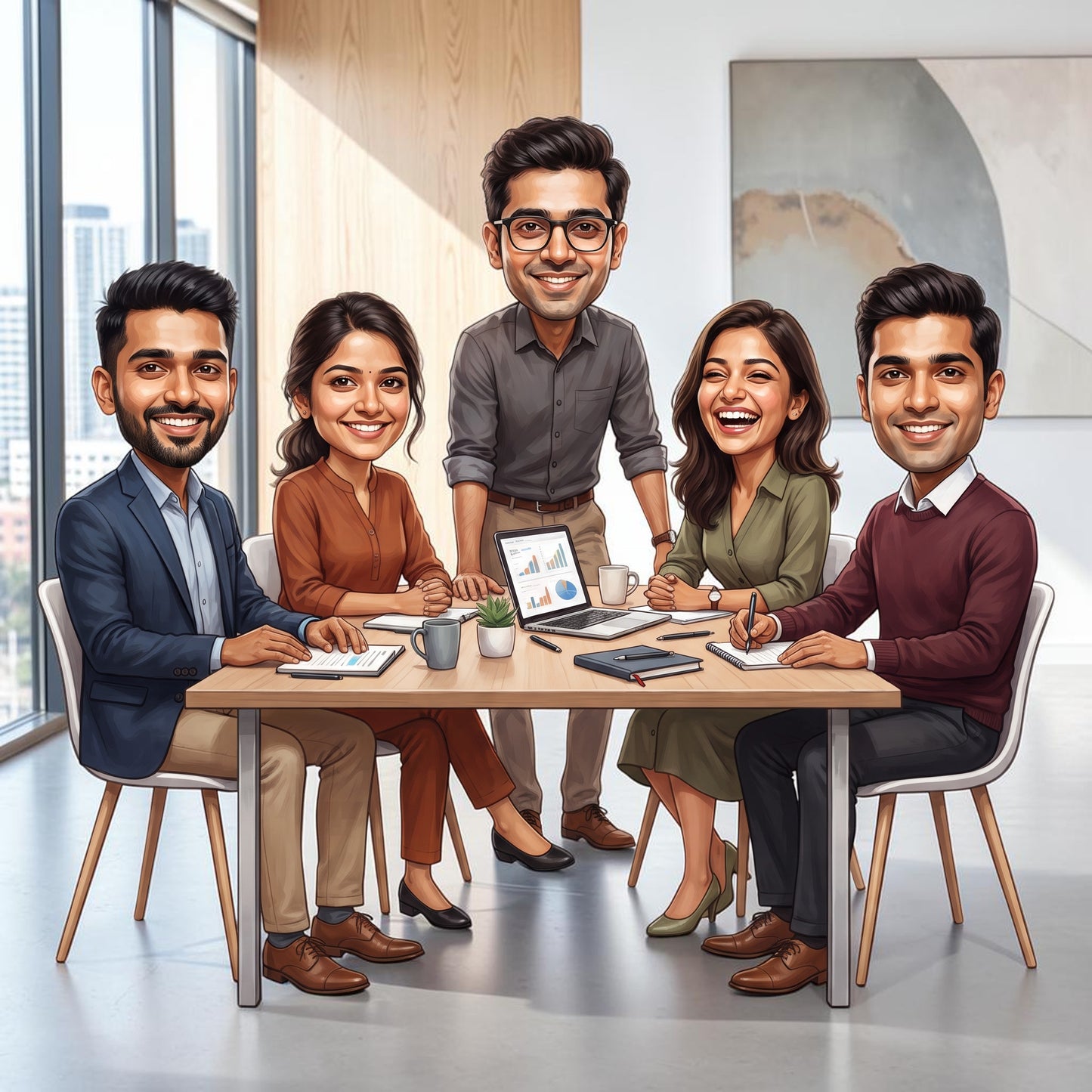 Personalized 5 Person Group Office Team Caricature C1134