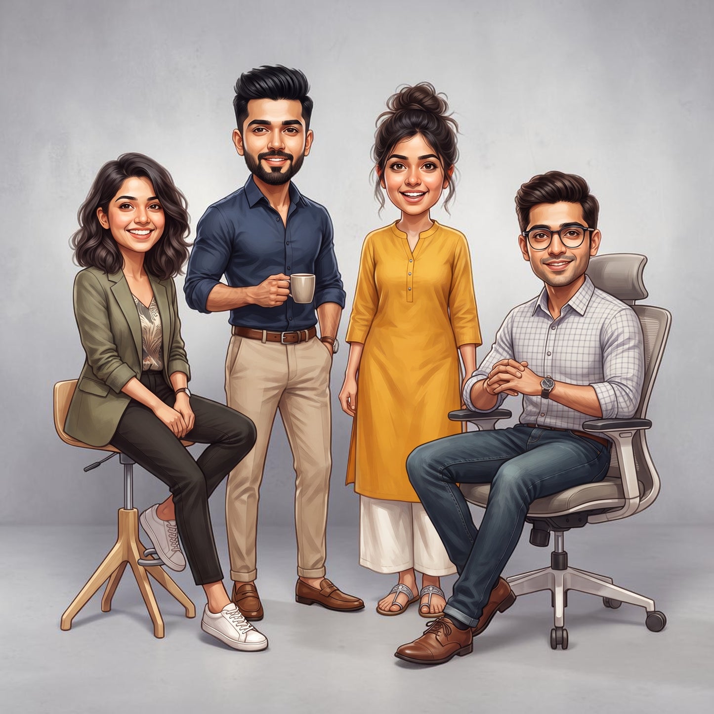 Personalized 4 Person Group Office Team Caricature C1120