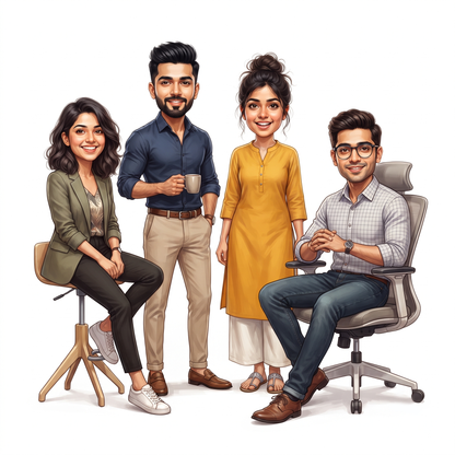 Personalized 4 Person Group Office Team Caricature C1120