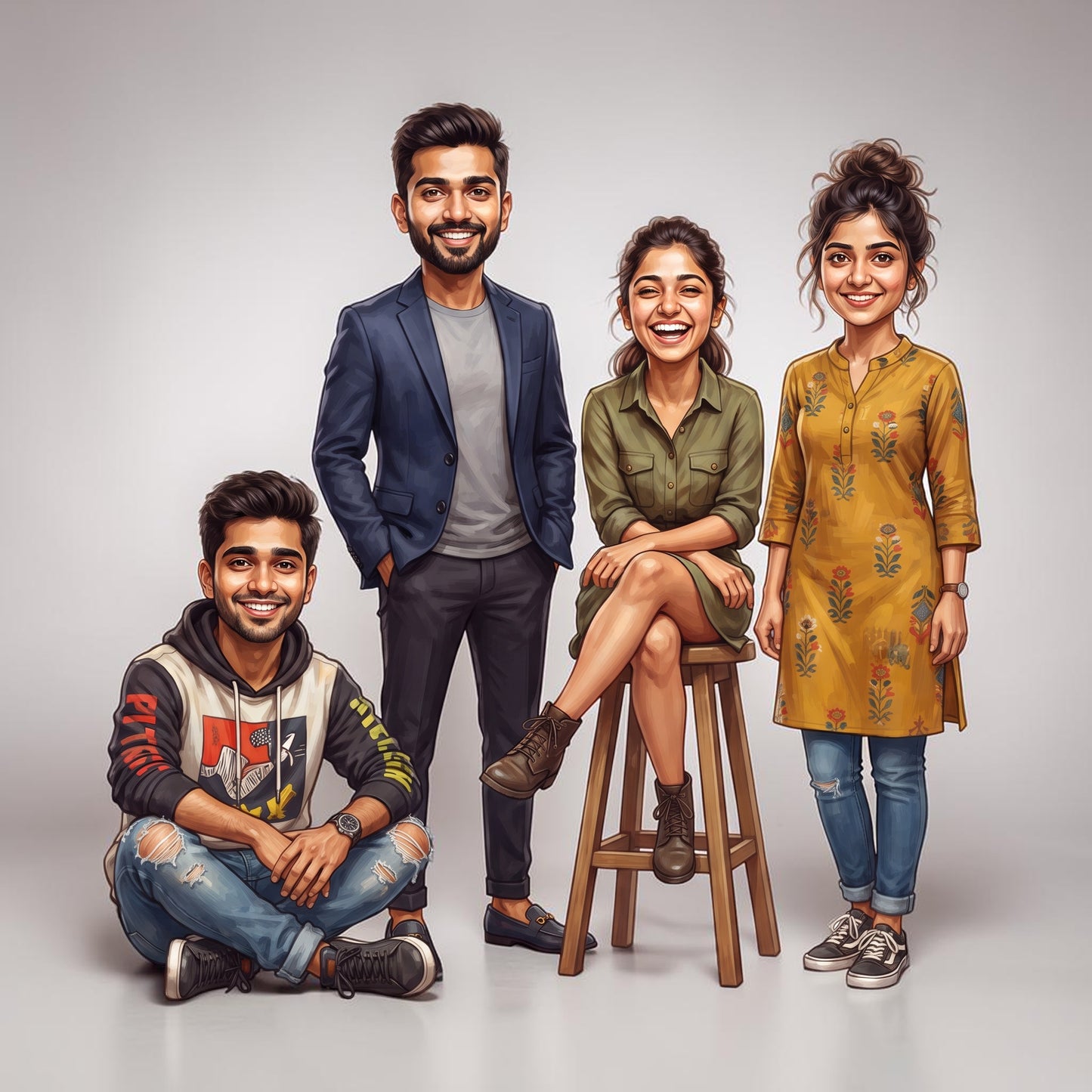 Personalized 4 Person Group Office Team Caricature C1123