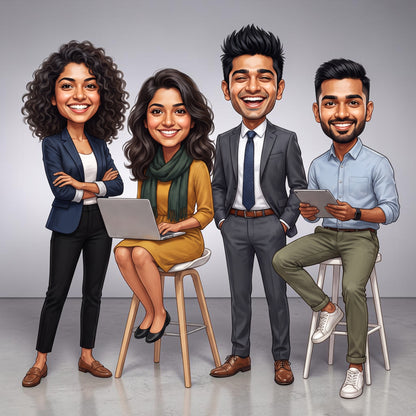 Personalized 4 Person Group Office Team Caricature C1124