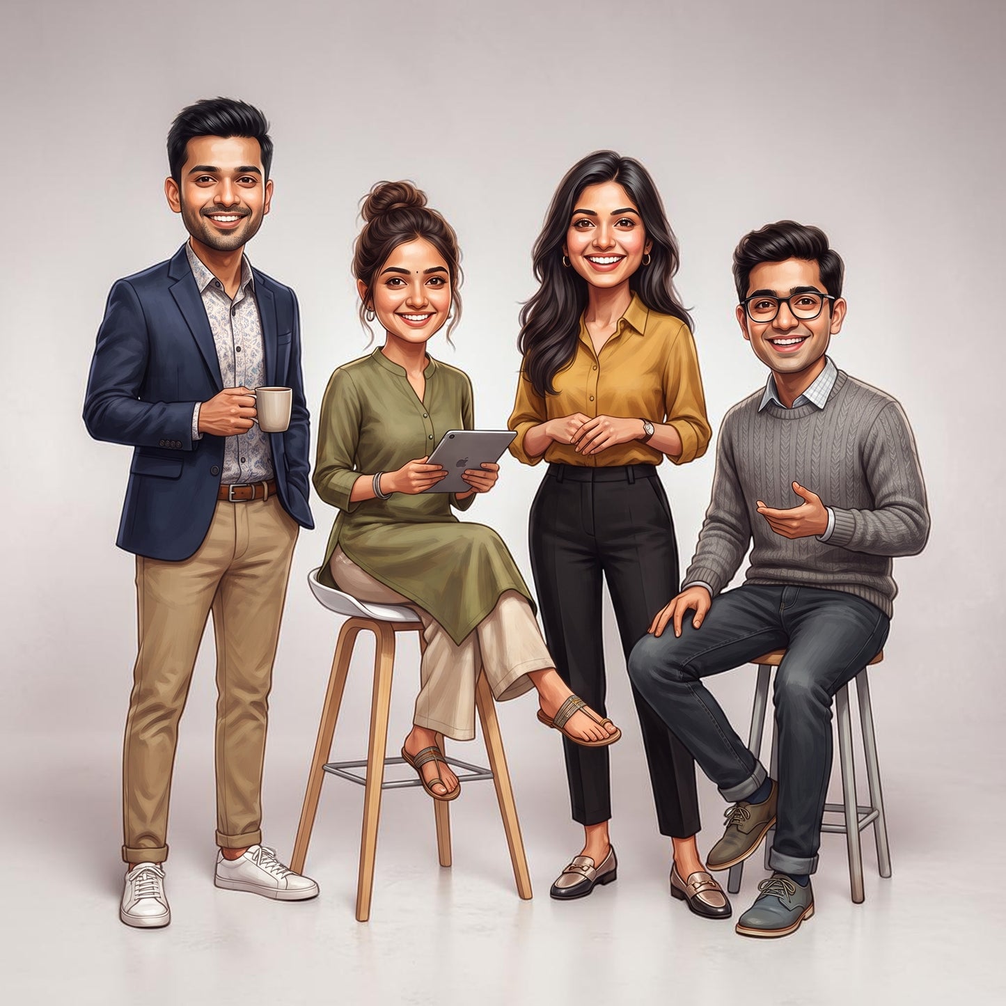 Personalized 4 Person Group Office Team Caricature C1127