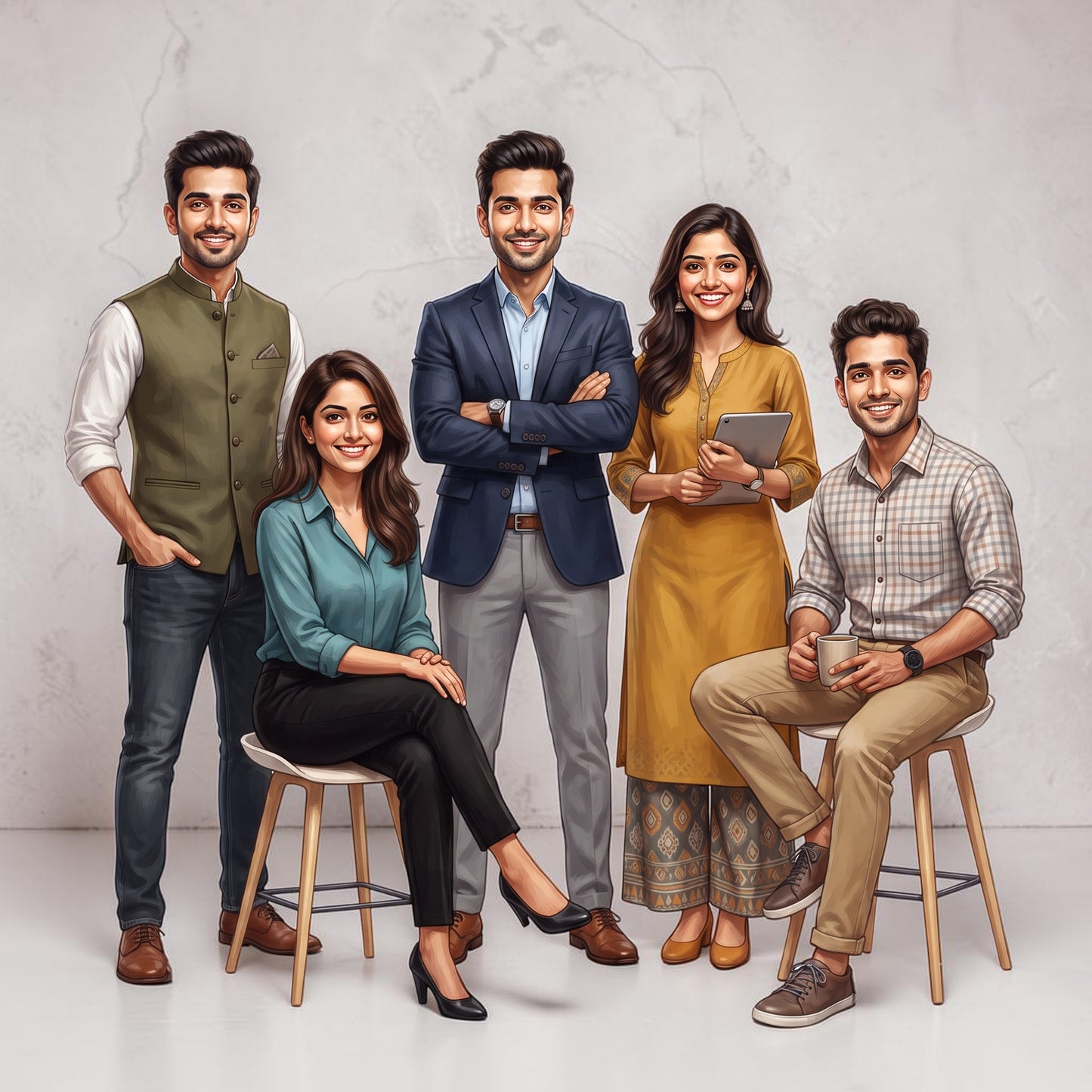 Personalized 5 Person Group Office Team Caricature C1130