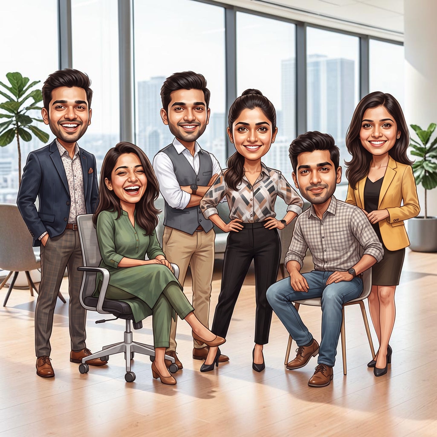 Personalized 6 Person Group Office Team Caricature C1137